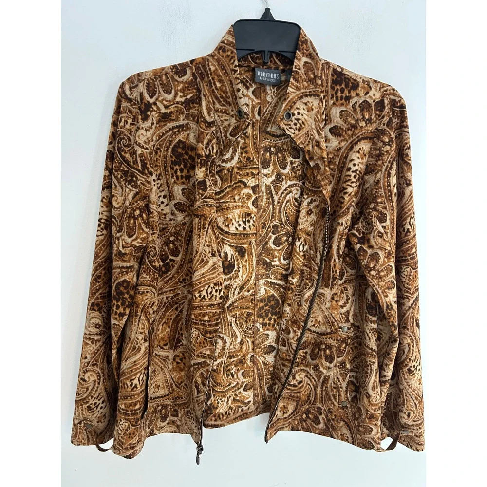 Chicos Additions Brown Paisley Full Zip Mock Neck Jacket Women Size 1 Medium